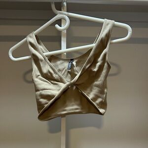 Ribbed Twist Front Crop Tank Top in Beige
